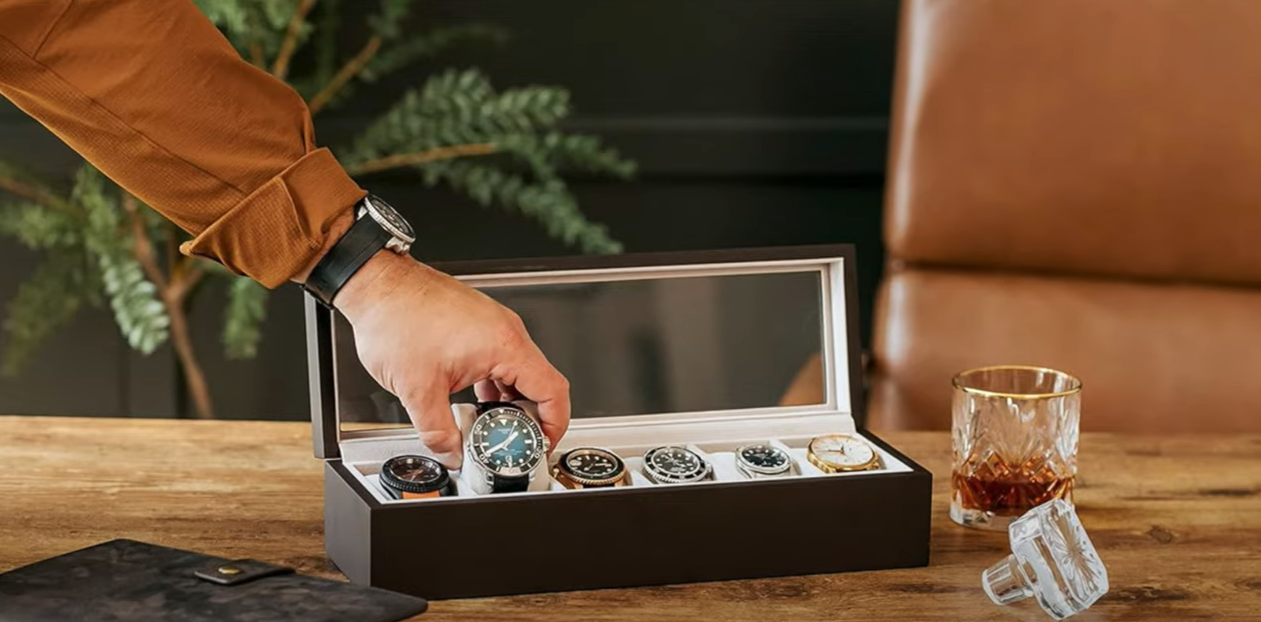 various watches on a watch collection box