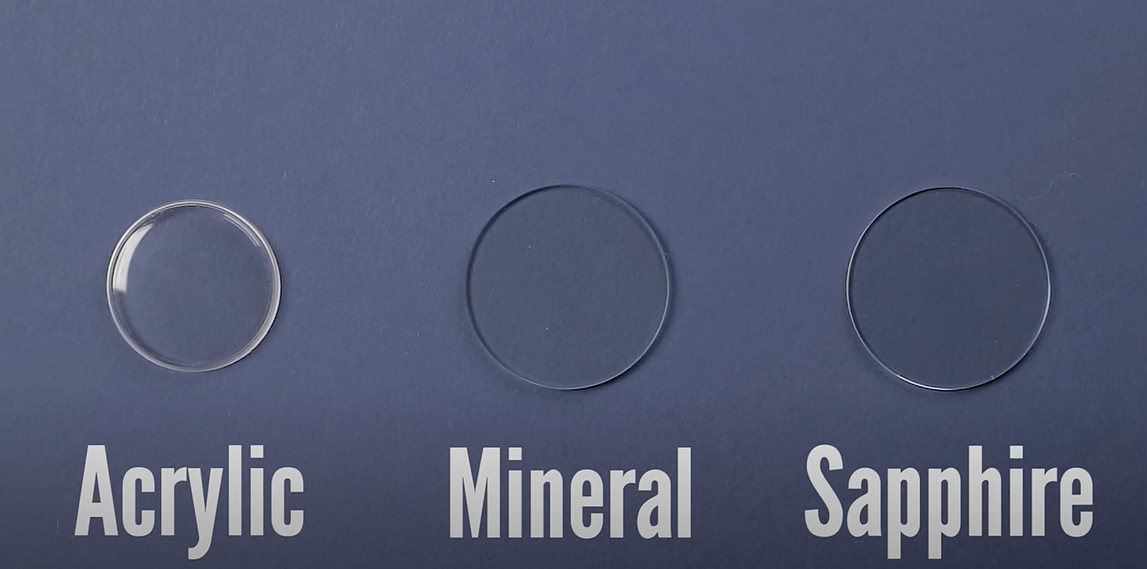 acrylic, mineral, and sapphire watch glass