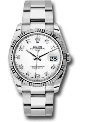 Rolex Date 34 Watch - Fluted Bezel - White Five Diamond Dial - 115234 wdao