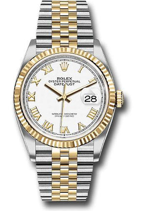 Rolex Steel and Yellow Gold Rolesor Datejust 36 Watch - Fluted Bezel - White Roman Dial - Jubilee Bracelet - 126233 wrj