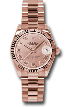 Rolex Pink Gold Datejust 31 Watch - Fluted Bezel - Pink Champagne Roman Dial - President Bracelet - 178275 prp