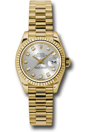 Rolex Yellow Gold Lady-Datejust 26 Watch - Fluted Bezel - Silver Diamond Dial - President Bracelet - 179178 sdp
