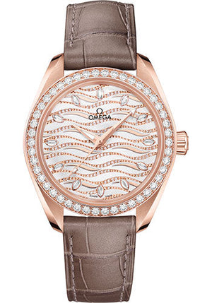 Omega Seamaster Aqua Terra 150M Co-Axial Master Chronometer Watch - 34 mm Sedna Gold Case - Diamond-Set Bezel - Radiant Diamond Dial - Taupe-Brown Leather Strap - 220.58.34.20.99.006