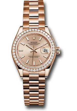 Rolex Everose Gold Lady-Datejust 28 Watch - 44 Diamond Bezel - Pink Sundust Index Dial - President Bracelet - 279135RBR pip