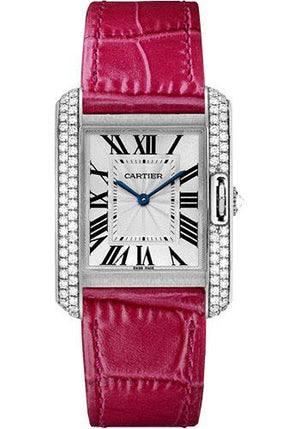 Cartier Tank Anglaise Watch - 34.7 mm White Gold Rodium Diamond Case - Silvered Flinque Dial - Fuchsia Pink Alligator Strap - WT100030